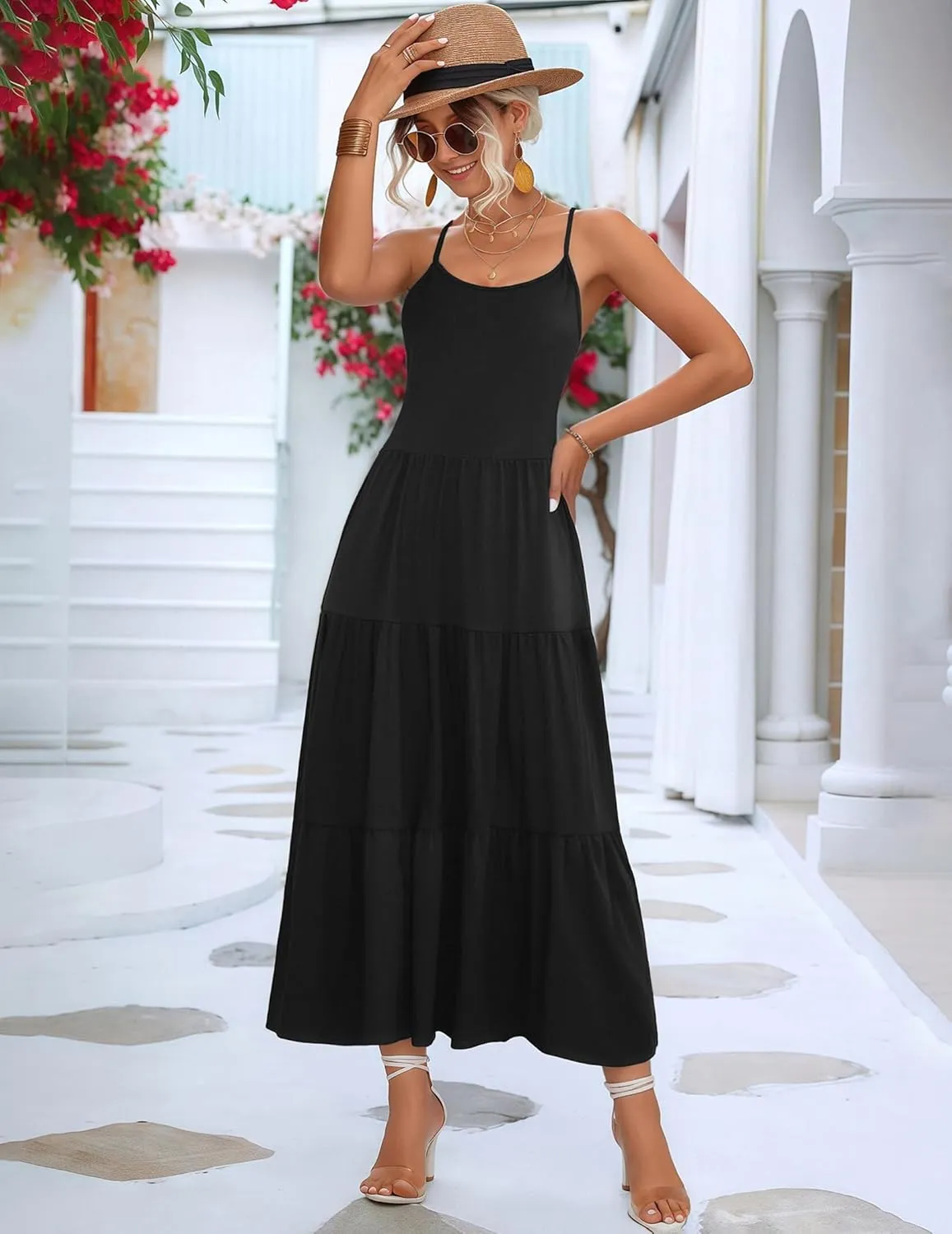 Zeagoo Womens Summer Long Dress Adjustable Spaghetti Strap Floral Casual Dress with Pockets Flowy Tiered Beach Sundress