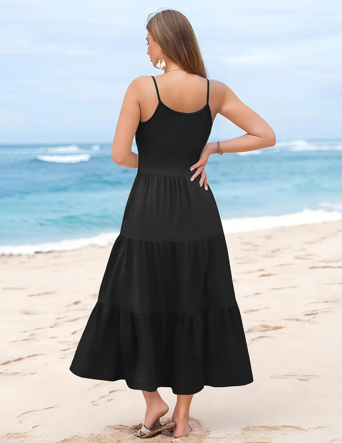 Zeagoo Womens Summer Long Dress Adjustable Spaghetti Strap Floral Casual Dress with Pockets Flowy Tiered Beach Sundress